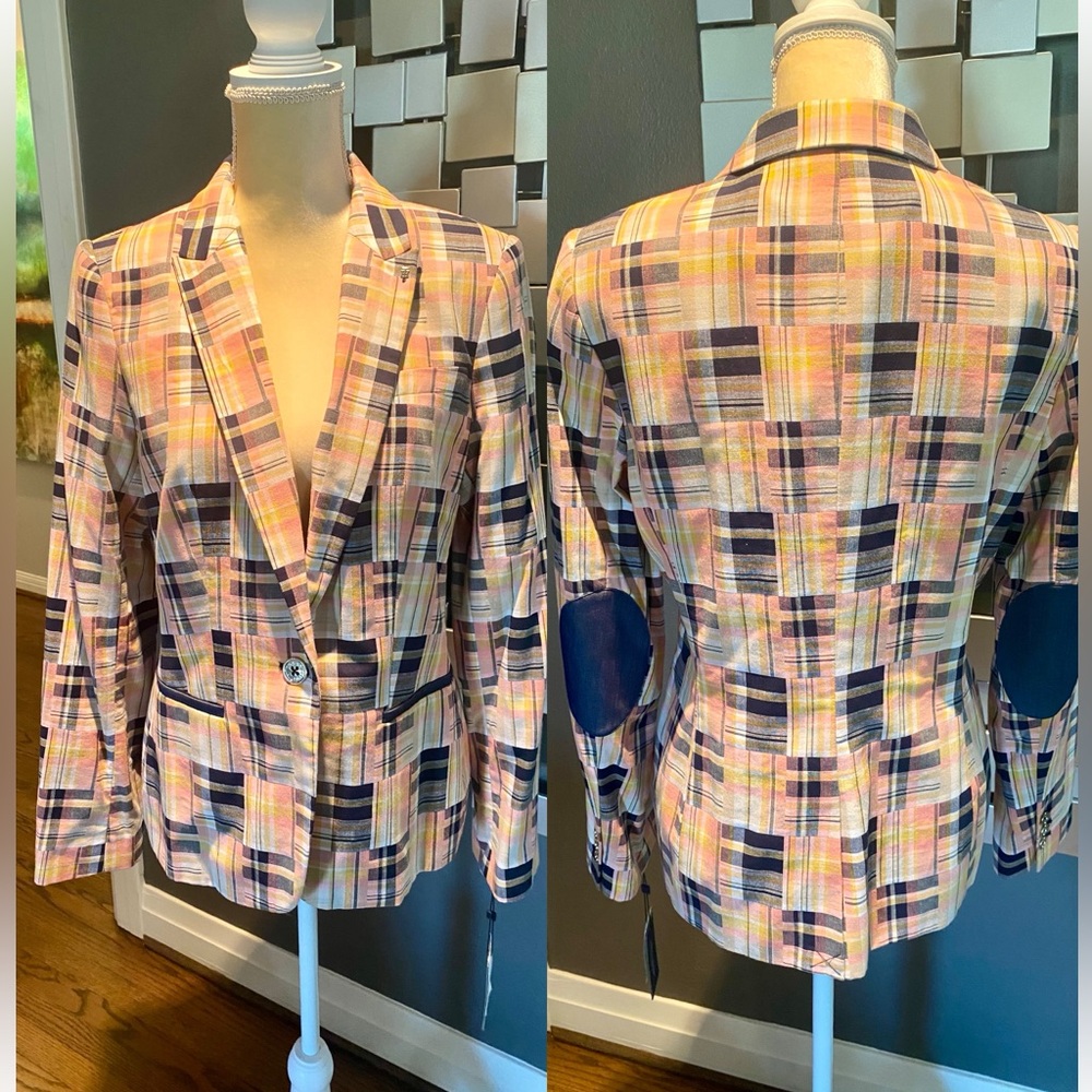 NWT Tommy Hilfiger Mixed Madras Elbow Patch Blazer